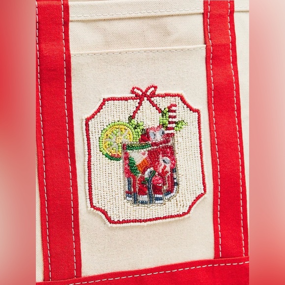 Anthropologie The Hartley Canvas Tote Red Cream Beaded Bag NWT - Picture 4 of 4